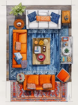An overhead view of a living room with two couches and an ottoman