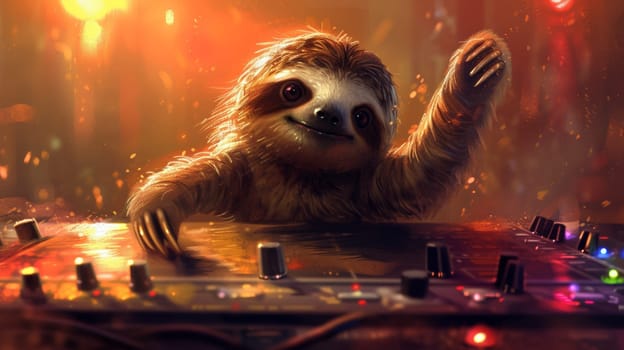 A sloth is dancing on a dj mixer with lights