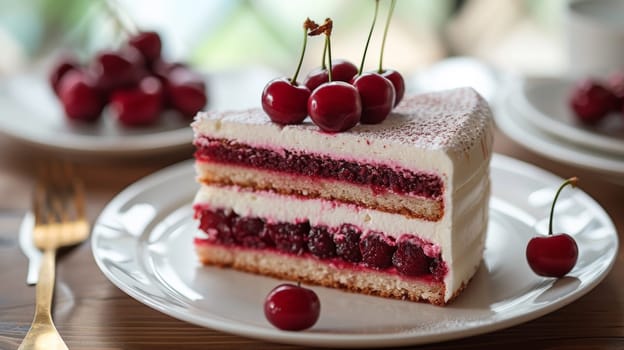 A piece of a slice of cake with cherries on top