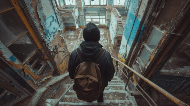 A man with backpack walking down stairs in a building