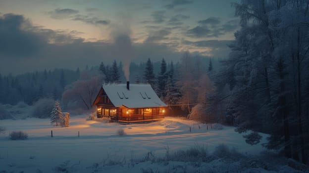A small cabin lit up in the snow at night