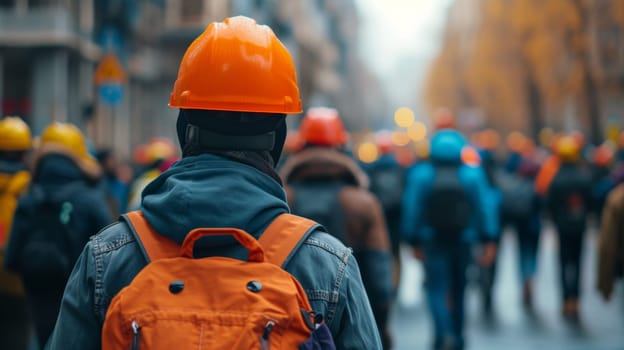 A man with orange hard hat walking down a crowded street