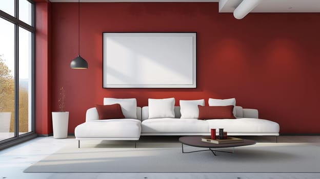 A living room with a white couch and red walls