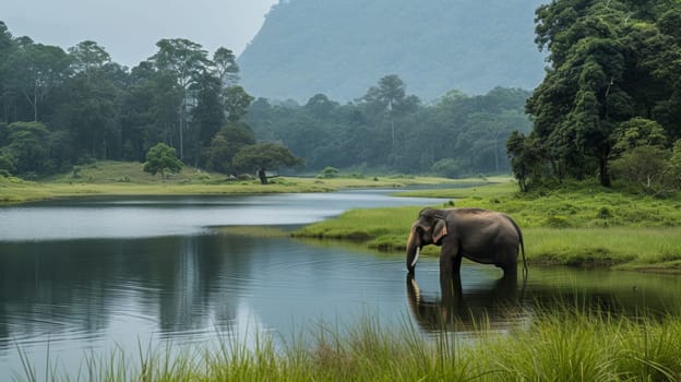 An elephant standing in a body of water near some trees