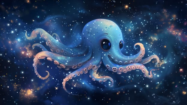 An octopus is swimming in the stars with a blue background