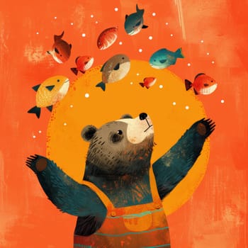 A bear in overalls with fish flying around him