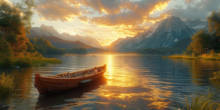 A boat on a lake at sunset with mountains in the background