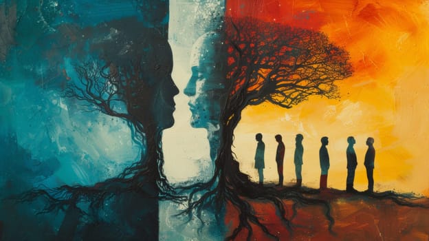 A painting of a tree with four people standing in front