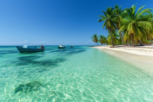 Two boats are anchored in the clear water of a tropical beach