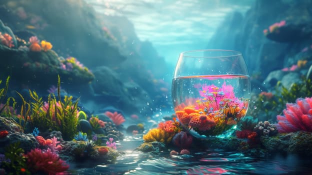 A glass of water with a bunch of colorful fish in it