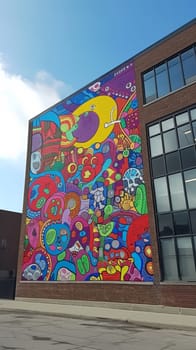 A large colorful mural on the side of a building next to an intersection