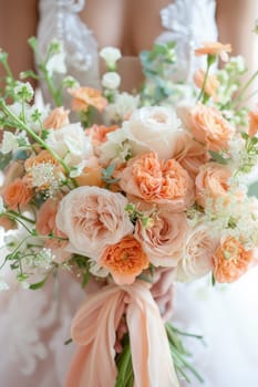 A close up of a bride holding her bouquet in the air