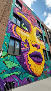 A colorful mural on the side of a building with an image of a woman's face