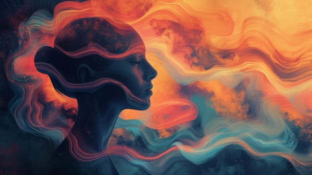 A woman's face is shown in a colorful swirl of smoke