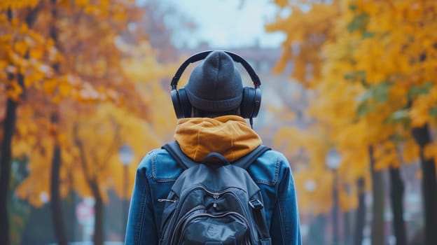 A person wearing headphones and a backpack walking down the street