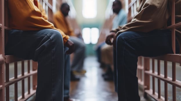 A group of men sitting in a jail cell with bars