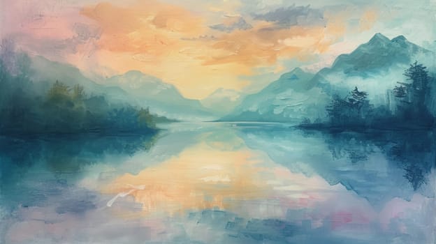 A painting of a mountain lake with clouds and trees