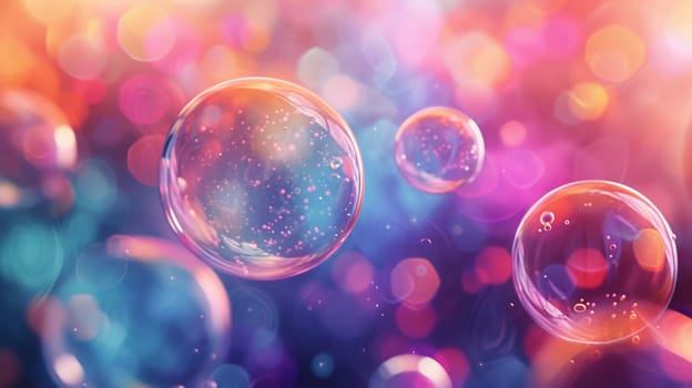 A close up of bubbles floating in a colorful background