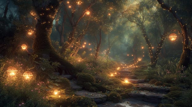 A forest with lanterns and trees lit up by fairy lights