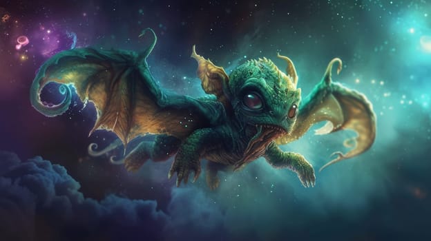 A small green dragon with large eyes and wings flying in the sky