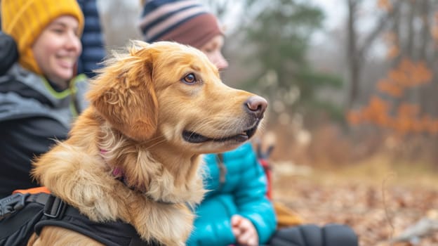 A dog wearing a harness sitting next to two people