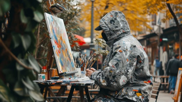 A person sitting at a table with an easel and paints