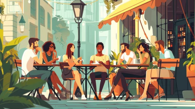 A group of people sitting at a table outside in the city