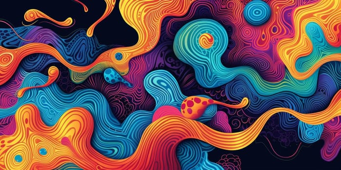 A colorful abstract painting with swirls and waves on a black background