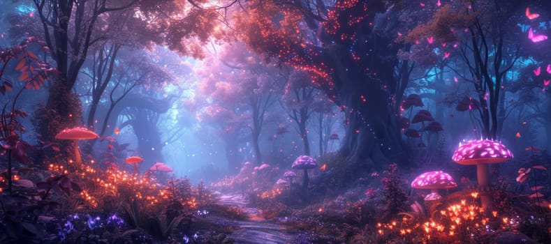 A path through a forest with mushrooms and butterflies