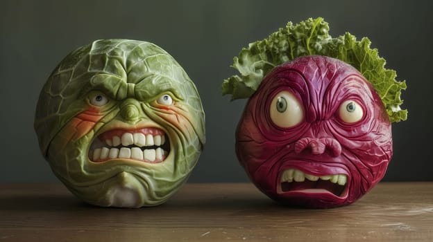 Two vegetables with faces made of different colors and textures