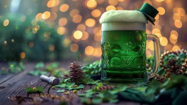 A green beer with a hat on top of it sitting next to some leaves