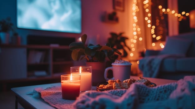 A table with candles and a cup of coffee on it