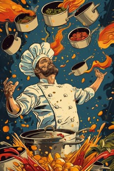 A chef in a cartoon illustration with pots of food flying around him