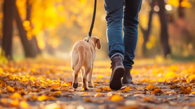A person walking a dog on leash in the fall leaves