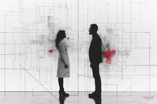 A man and woman standing in front of a grid pattern