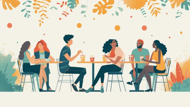 A group of people sitting at a table with drinks and food