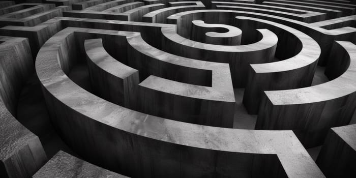 A black and white photo of a maze with many different paths