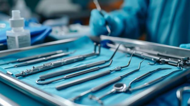A tray of a dentist's tools on the table in blue gloves