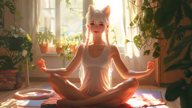 A woman sitting in lotus position on floor with cat ears