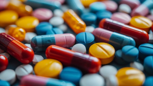 A close up of a pile of colorful pills and capsules