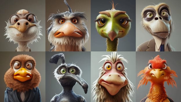 A series of animated bird faces with different expressions