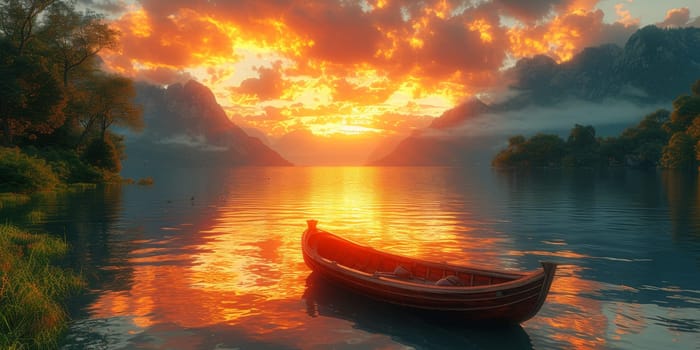 A boat is floating on a lake at sunset with mountains in the background