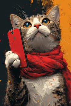 A cat wearing a scarf holding up an iphone
