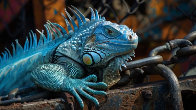 A large blue iguana sitting on a chain link fence
