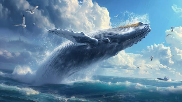 A whale jumping out of the water with seagulls flying around it