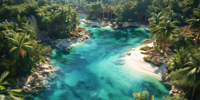 A river with a waterfall and palm trees in the background