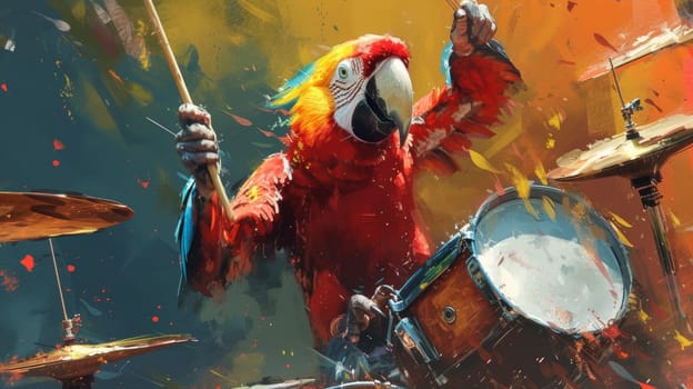 A painting of a parrot playing drums with colorful paint