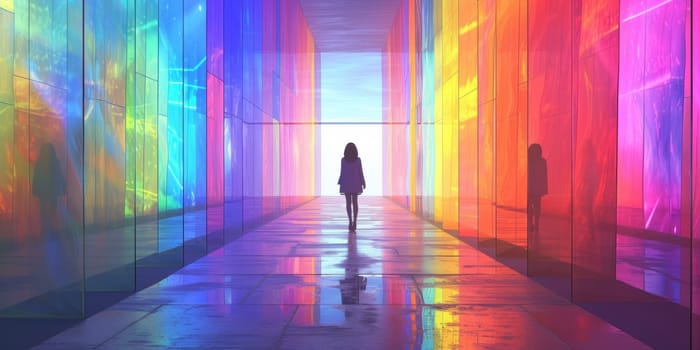 A woman walking down a hallway with multicolored walls