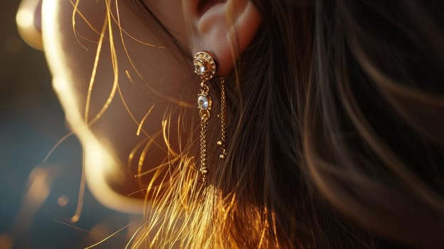 A close up of a woman's ear with gold chain and dangling earrings