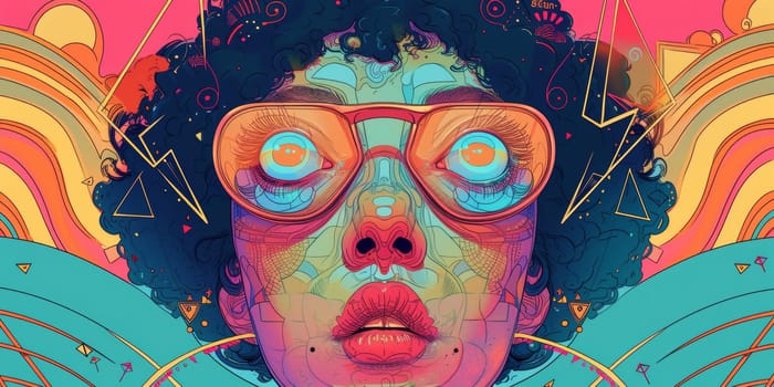 A colorful illustration of a woman with large glasses and curly hair